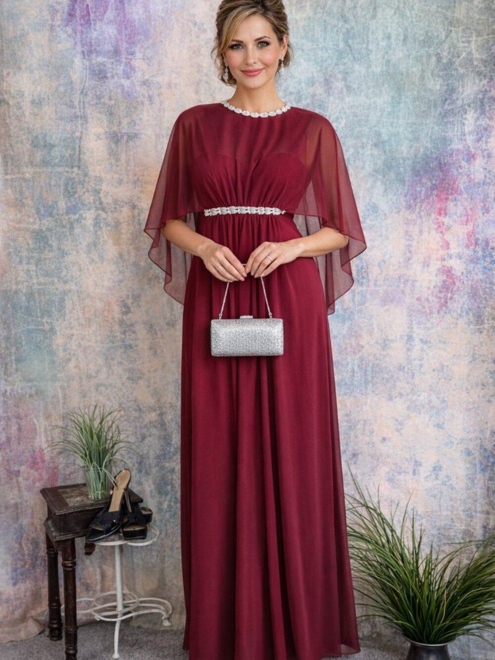 Vintage📌  Mister Jay 1970s Burgundy Sheer Angel Wings Beaded Empire Waist Gown